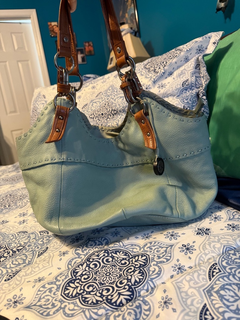 The Sak Mint Green Leather Shoulder Bag with Brown Straps